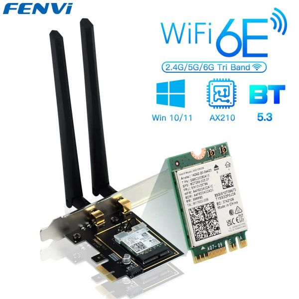 Karten Fenvi PCIE Wireless WiFi -Adapter 5374Mbit/s WiFi 6E AX210NGW 2,4G/5G/6GHz für Bluetooth 5.3 802.11AX -Netzwerk WiFi Card PC Win10/11