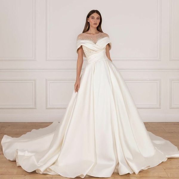 Classici abiti da sposa in raso a torro lungo a valotto lungo con tasche pieghe di avorio a-riga spazzano i bottoni coperti da sposa abbronza