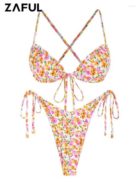 Kadın Mayo Zaful Ditsy Floral Mayo Bikini Set Baskılı Fırralı Kravat Yan Çılgınlık Çapraz Yüksek Bacak Bohem Yastıklı Top Plaj