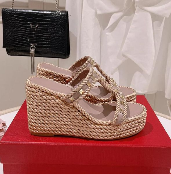 2024 sandali a cuneo Lady zee alte zecche zeppe intrecciate in pelle espadrille sandalo a cuneo da 90 mm designer di lusso pop tacchi talloni slip a punta aperta su 35-43box