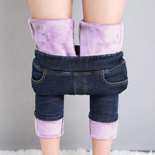 Pantaloni da donna peluche in denim autunno inverno 2024 usura esterna addensata in vita alto pantaloni elastica calda elastica calda elastica
