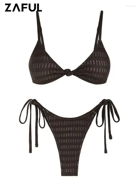 Mutada de banho feminina Zaful Sexy V Nech Swimsuith renda texturizada nó espaguete tanque tanque tanga string biquíni conjunto de duas peças praia