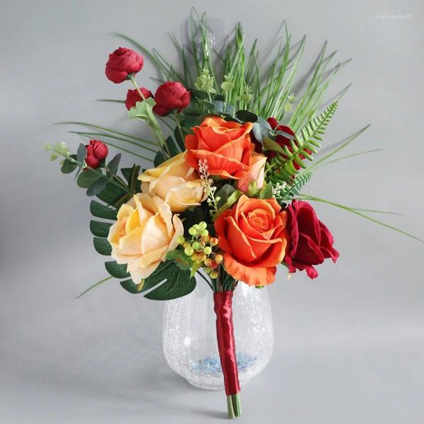 Fiori di nozze unici arancione artificiale arancione bouquet lacrima lacrima sposa di seta flusso falso rosa decorazione della casa rosa accessori