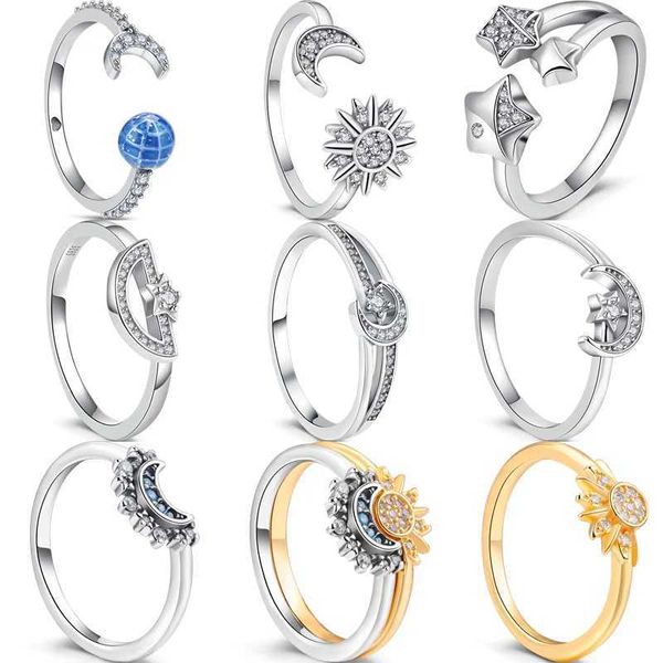 Anelli di banda autentica 925 Sterlsilver Stars Moon Sun Galaxy Starry Sky Charms Radiant Pantaro Ring Womens Luxury Lucky Love Jewelry Gift J240429