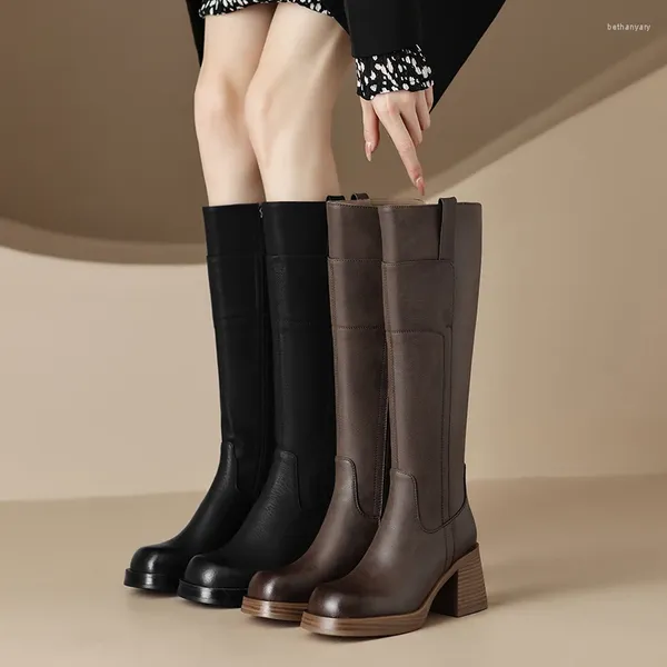 Stiefel 2024 Herbst Winter Women Knie hohe natürliche Leder Plus Größe 22-25 cm Kuhlattenschweinsleder Modernes Seiten Zip Western
