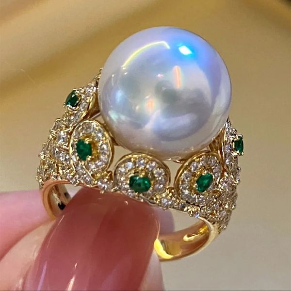 Big White Pearl Women Cocktail Anello da sposa K Yellow Gold Flower Round Girl Rings Anel Party Wedding Anniversary Jewelry 240422