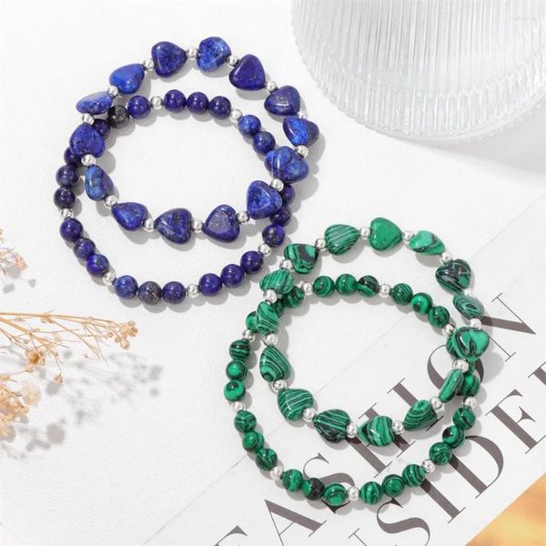 Strandy Heart Shapes Breads Bracelets Natural Stone Lapis Lazuli Malaquias 2pcs/Conjunto para homens Men