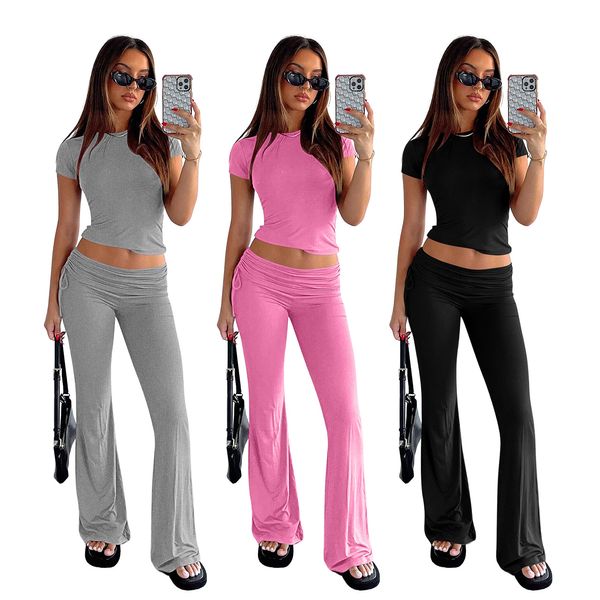 Frauen zweiteilige Outfits Sommer 2 PC Set Black Pink Grey Short Sleeve Crop Top Side Long Wide Bein Hose Anzüge Freizeitkleidung