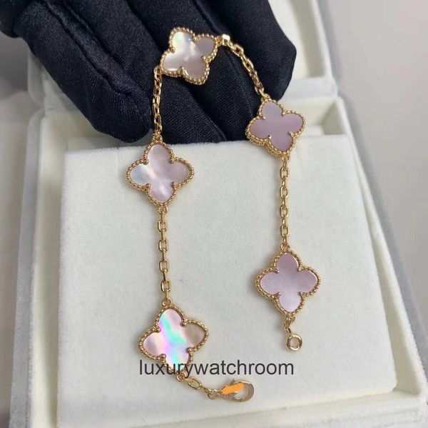 Pulseiras de joias de ponta para Vancleff Womens Lucky Four Leaf Grass Bracelet High V Style Gold Style Pink Fritillaria Branca Bracelete Fritillaria Original 1: 1 com logotipo real