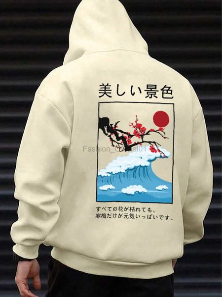 Herren Hoodies Sweatshirts Pflaumenblüten Wellen Sonnenuntergang Harajuku Printing Herren Hoodie Japanischer Stil Fleece Kleidung bequeme Straße Hip Hop Top D240429