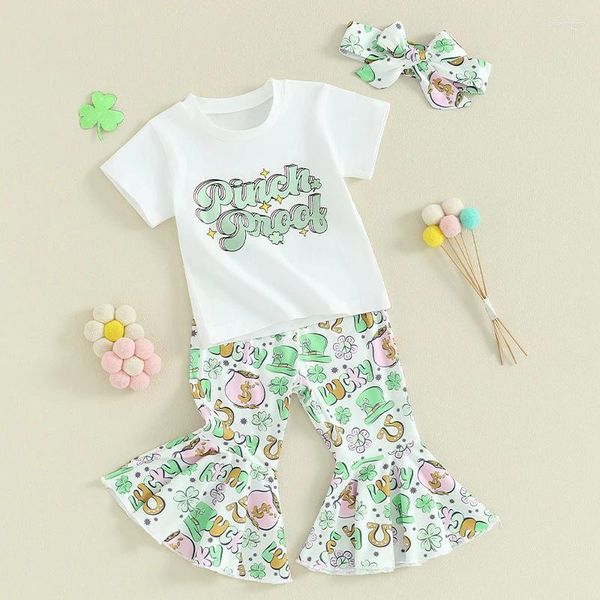 Kleidungssets Kleinkind Baby Girls St Partricks Day Outfit Briefe T-Shirt und Klee Glockenboden Hose Set mit Stirnband