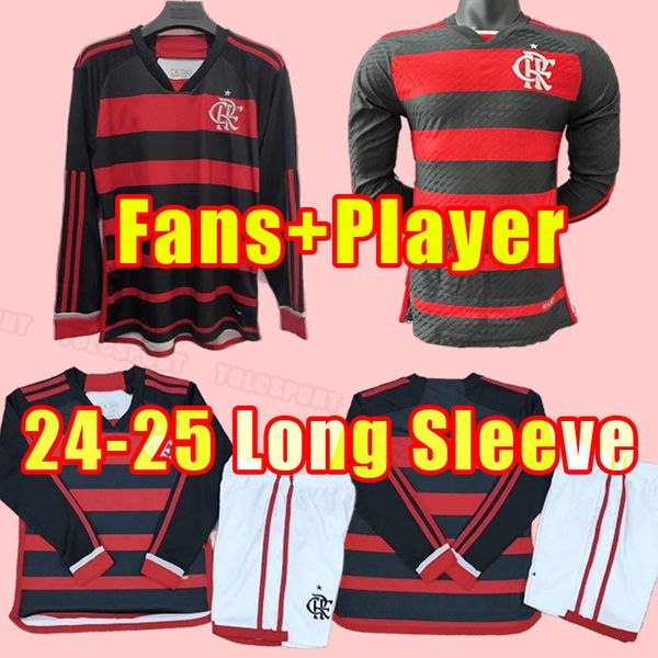 Jogador de fãs Cr Flamengo Jerseys de manga longa Flamenco 24 25 David Luiz Diego E.Ribeiro Gabi Away Football Circhs 2024 2025 Pedro de Arrascaeta Homens Kids Kits Full Kits