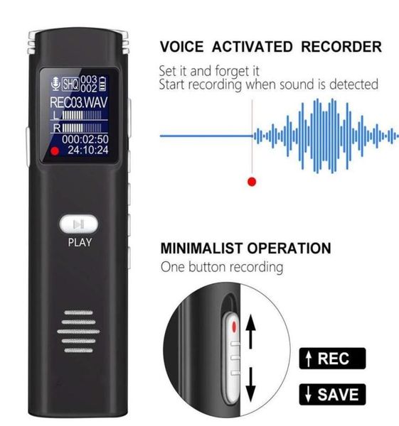 Profissão Redução de ruído Smart Recorder de áudio digital 8 GB HD Mini Dictaphone Small Sound Voice Recorder MP3 Player com Realtim2741888