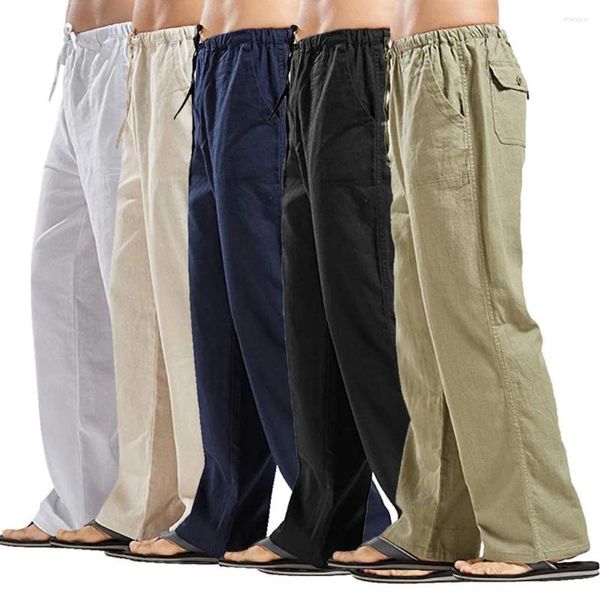 Calça masculina masculina linho de algodão longa verão academia calça de ginástica homens magros de tamanho liso de pernas lisadas de grande porte