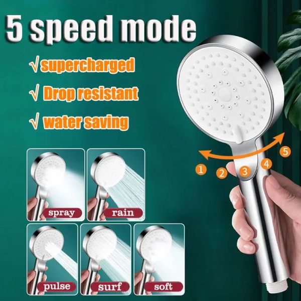 Defina o chuveiro de economia de água de alta pressão acessórios de banheiro de mão de mão 6 modos ajustáveis OneKey Stop Water Massage Shower Head