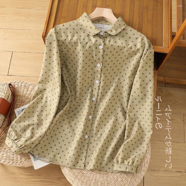 Blouses femininas Spring Autumn Polka Dot Camisetas de algodão feminino Blusa casual de mangas compridas de mangas compridas roupas vintage