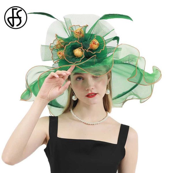 Geniş Memlu Şapkalar Kova Şapkaları Fs Organza Geniş Brim Kilisesi Kentucky Derby Hats Kadınlar İçin Büyüleyici Düğün Kokteyl Çay Partisi Güneş Kapağı Şık Dövüş Çiçek Tüyü Y240426