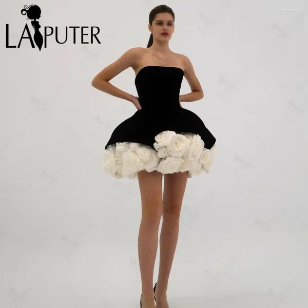 Partykleider schwarze Blumen kurzer Abend ausgestattet Top handgefertigtes Saum Kleid weißes Rosenblumenmädchen