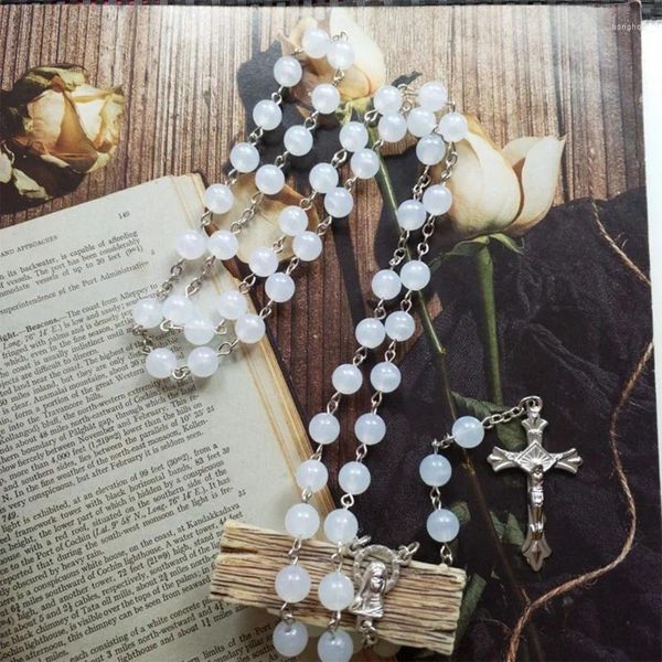 Colares pendentes acrílico White Luminous Rosary Colares Holy Catholic Jewelry Charm for Christian Christian Home Bedroom Decoração Drop
