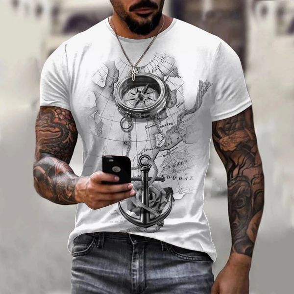 Vintage Mens Tshirt Summer Summer Manga curta Oneck 3D âncoras impressas camiseta de camiseta de grandes dimensões de roupas casuais 240428