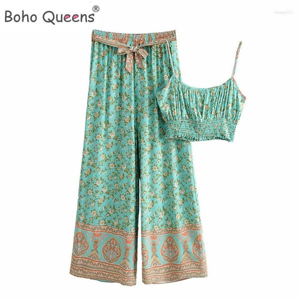Pantaloni da donna a due pezzi Boho Queens Women Green Floral Stampa Outfit Cinta senza maniche Fiocche bohémien che cohstring 2 pezzi set