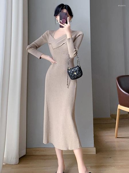 Vestidos casuais moda moda francesa outono de inverno malha vestido longo longa feminino elegante e elegante colwares de mira assim de mira assimétrica chiques