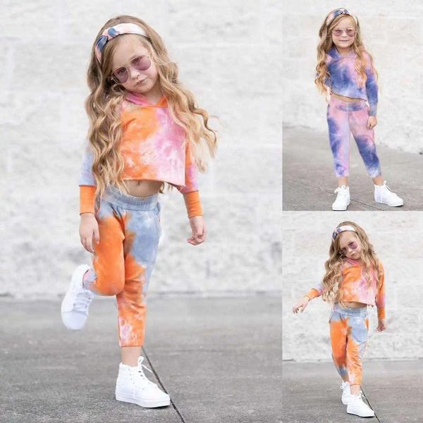 Set di abbigliamento 2024 ragazzi e ragazze autunno inverno con cappuccio con cappuccio a manica lunga maglione a maniche lunghe pantaloni sport casual tie-dye set a due pezzi