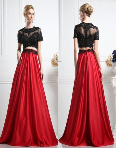 Modest 2016 Black Lace Red Stain Salia Duas peças Vestidos de baile Longo Jóia barata Aplique Applique de miçangas Party GO1517204