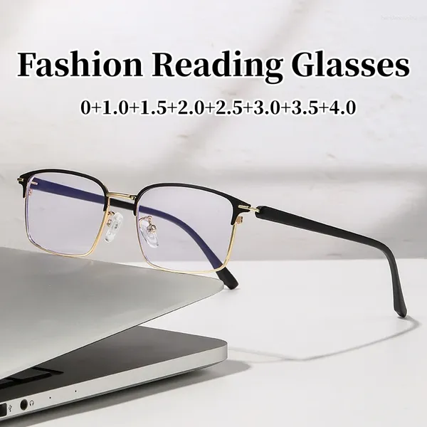 Óculos de sol Luxo Metal Metal Frame Reading Glasses para homens homens unissex transparente quadrado de olho de olho de visão distante lente hd lente óculos 0 1.0 4.0