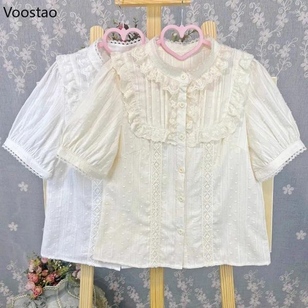 Kadınlar bluz Japon vintage tatlı lolita kadınlar kawaii dantel fırfırlar puflu kılıf pamuk gömlek kızlar gotik y2k üstleri blusas mujer