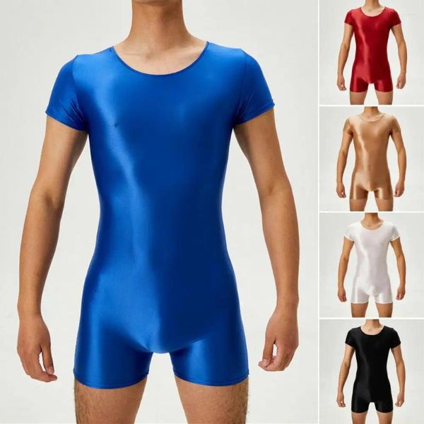 Мужские шорты Мужские глянцевые боди напрокат из цельный купальник с коротким рукавом с коротким рукавом