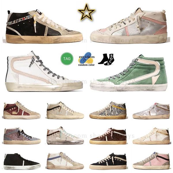 Famous Golden Mid Star Shoe Casual Casual Tênis de Lace-Up Itália Metálica Angústia de camurça alta Curra de camurça Snakes Snakes Dirty Dirty Designer Custom Sports Trainers