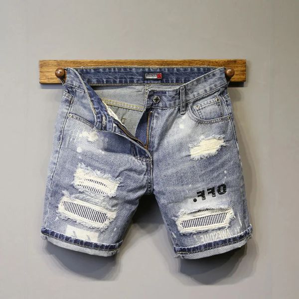 Mens Fashion Summer Shorts Sumpi in denim dritto gamba dritta microelastica Capris patch jeans pantaloni pantaloni da jeans belli 240428