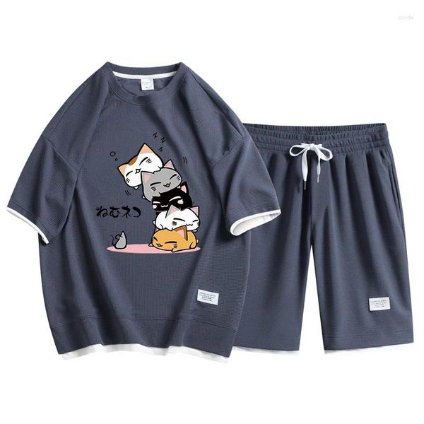 Trass de tracksuits masculino Terno de verão Japão Cartoon da moda T-shirts impressos shorts de duas peças conjuntos de waffle de waffle de topo de moda da moda