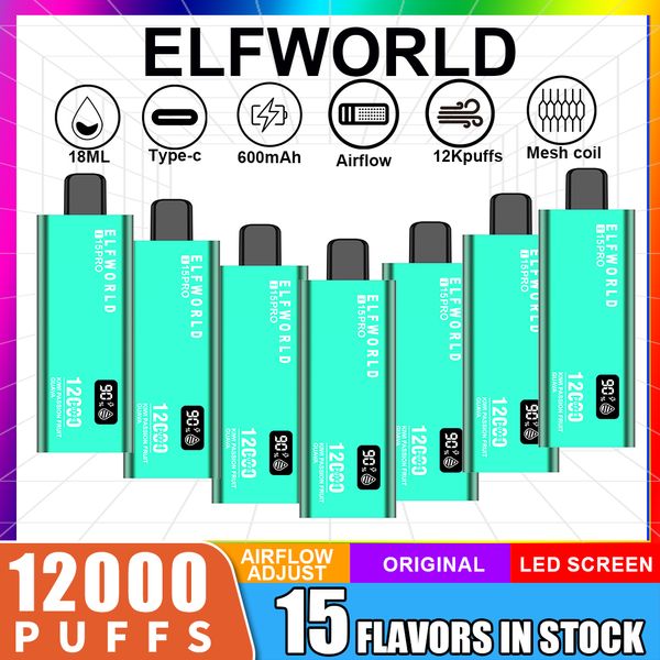 Elfworld I15 12000 Pushs 12k Vapes Pen Vape Pen 16 Flavores E-CIGARETtes Vapes Mesh Coil Disposable Display Box Cigarro eletrônico 5%