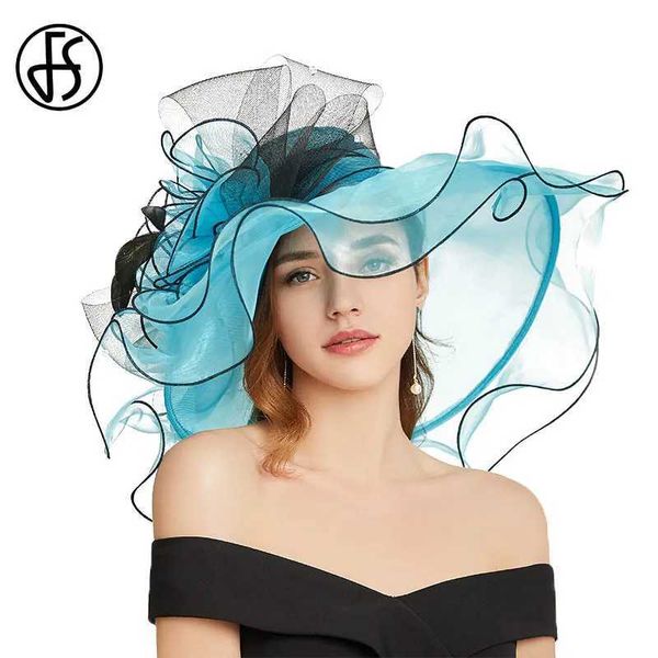 Cappelli a bordo larghi cappelli a secchio FS Affastore estivo Cappuccio di nozze largo brim brim brim organza chiesa per donne eleganti signore blu rosa fiore di cappelli Kentucky 2024 Y240426