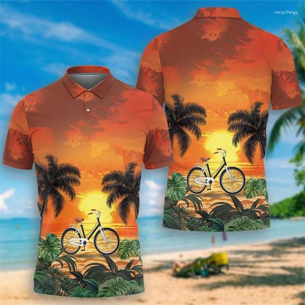 Polos masculinos veículos de pôr do sol, camisas de pólo de praia para homens roupas havaianas caminhão curto manga hippie ônibus tropical camisa de férias de férias tops