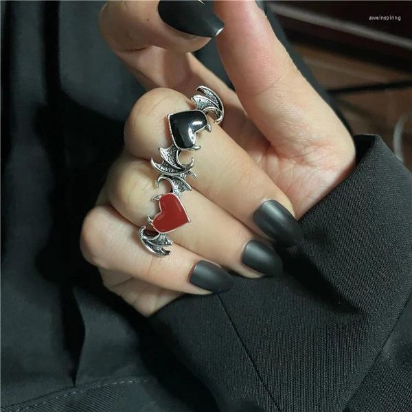 Rings de cluster Retro Anjo e Demon Wing Heart for Women Goth Fotion Moonstone abrindo dedo de dedo anel de jóias estéticas do anel de joalheria