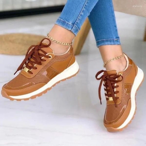 Casual Shoes 2024 Женская весна Spring Pu Кожаная мода кружевные кроссовки дизайнер бренд густой единственный анти-скользкий вулканизированный