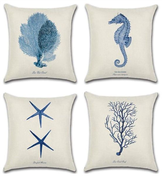 Sea Horse Whale Starfish Starf Stampato Cotton Linen Cesone di cuscinetto decorativo Office Copertina di cuscinetto per la casa Cover Cojines Almofada3171269