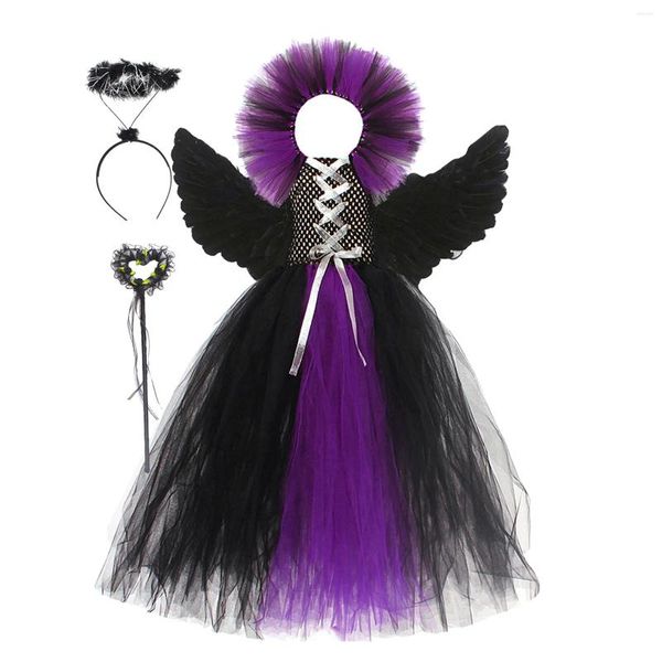 Vestidos de menina Criança de Halloween Custome Girls Dress Tutu Mesh com Wing Fairy Wand Awear 4pcs Conjuntos de manga comprida bebê cambraia