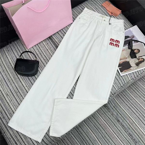 Palhas de jeans de jeans de letra de strass para mulheres marcas de moda feminina lisada as calças de perna reta Street Style Style White Pant Jean