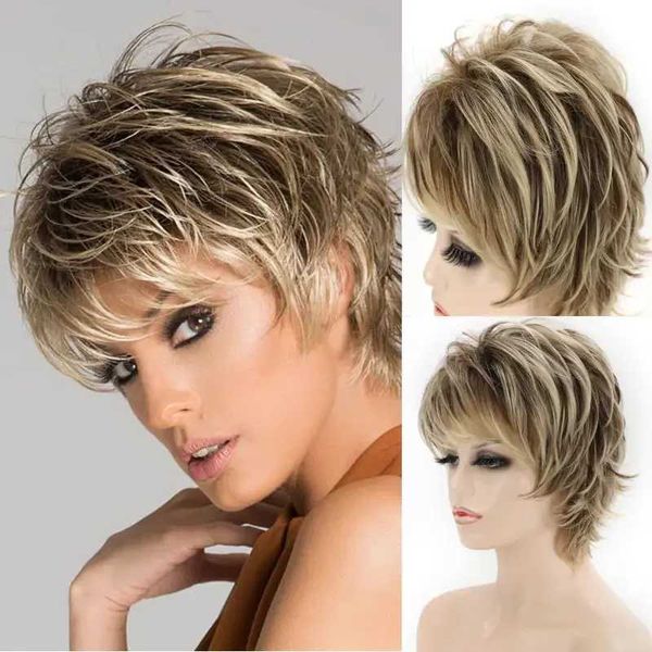 Perucas sintéticas mulheres moda curta peruca sintética pixie cortada loira umbrey penteado vestido de festa feminino fullfy natural onda curly q2404271