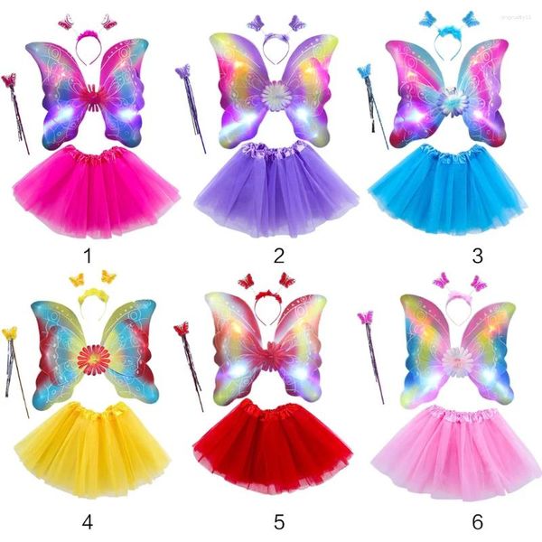 Abiti da ragazza 4 pezzi da 4 pezzi ragazze a led costume set tulle tutu gonna a doppio strato ali farfalla bacchetta bacia