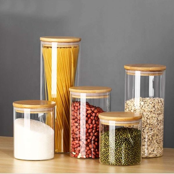 Индивидуальная DIY Clear Blank Soublimation Airtange Borosilicate Glass Kitchen Cother Dry Food Contair с бамбуковой крышкой