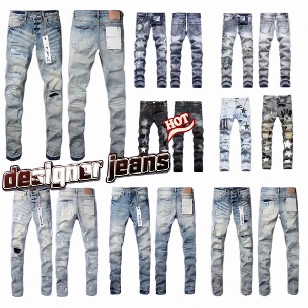 jeans de jeans roxo homens jeans homens até os joelhos na moda magro da moda LG reto rasgado tamanho 29-40 H98E#