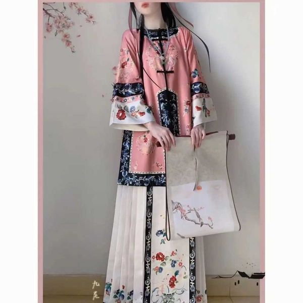 Abbigliamento etnico costumi cavalcati cinese gallo per cavallo hanfu + collo blu rosa rotondo arrotolo hanfu cloak top abiti asiatici per donne tradizionali
