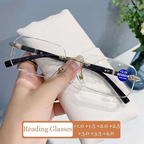 Güneş Gözlüğü Çerçevesiz Anti-Blue Light Presbyopia Glasses Kare Çerçeve Okuma Moda Bitmiş Uzak Görme Gözlük Diyopteri 4.0