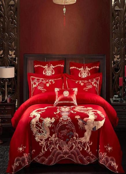 Bordado de casamento tradicional Conjunto de roupas de cama de algodão 4 peças kit rei size dupla felicidade