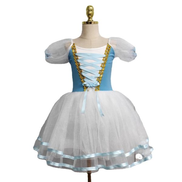 Mädchen Kind Velet Langes Tüllkleid Skate Ballerina Kleid Puffarm Chor Kleid Romantische Tutu Giselle Ballett Kostüme 240426